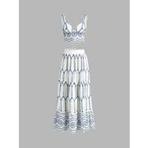 Micas White & Blue Embroidered 2-Piece Set Lace-Up Crop Top Midi Skirt Boho Cott